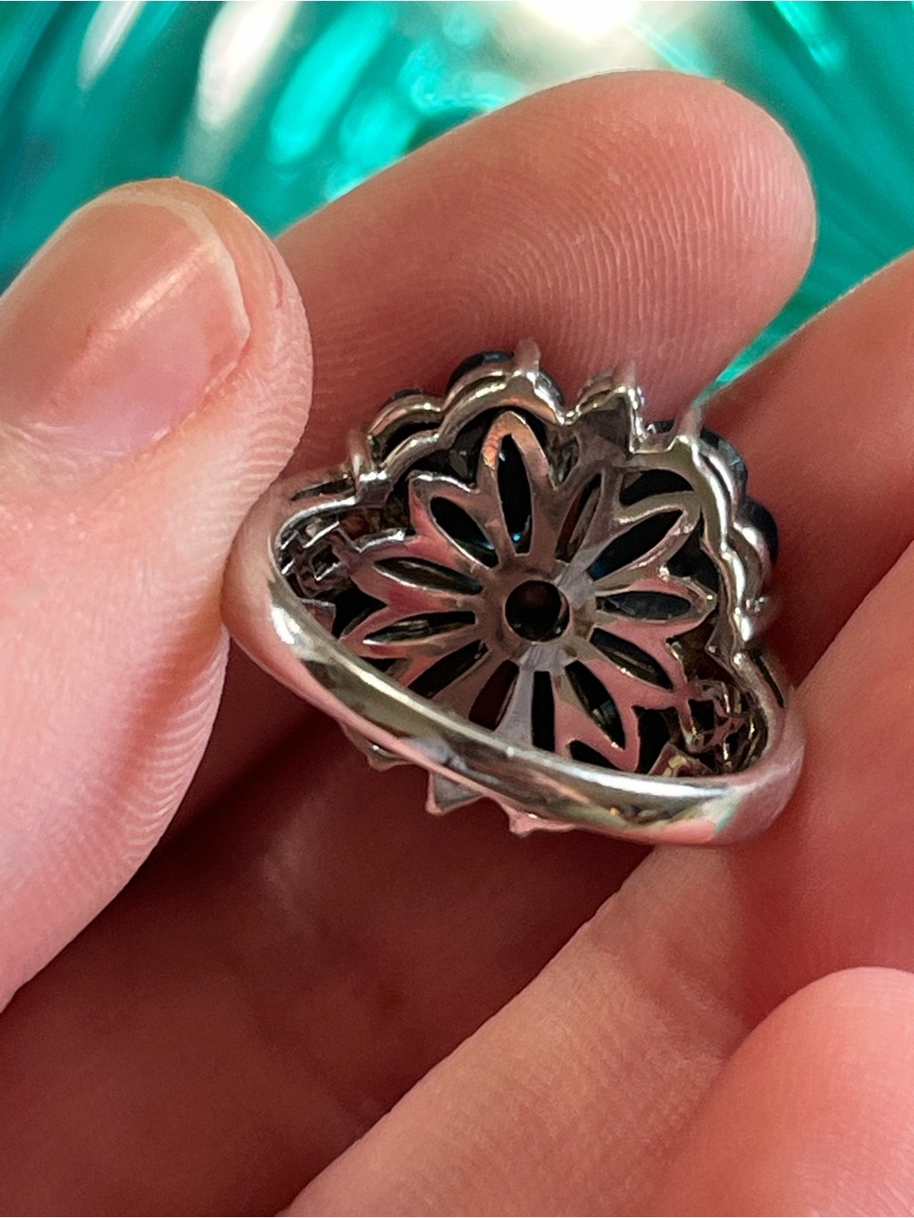 Sterling Silver 925 Blue White CZ Floral Flower Ring - Size 7.75 - Picture 5 of 7